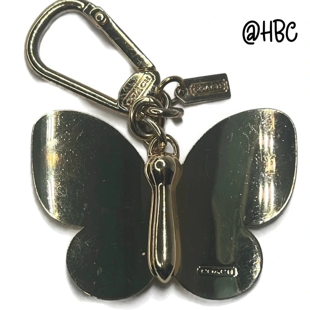 Coach Butterfly White and Gold Enamel Metal Keychain Fob Charm Rare